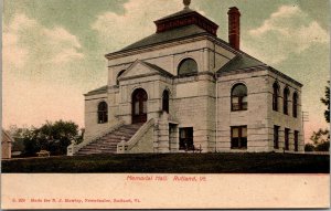 Vtg Rutland Vermont VT Memorial Hall 1900s UDB Unused Postcard