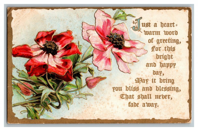 1910 Warm Word Of Greeting Vintage Embossed Flowers Standard View Postcard 