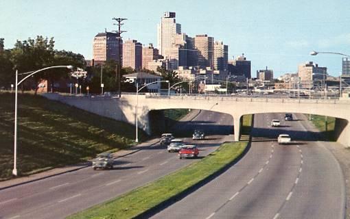 TX - Fort Worth. Skyline from East-West Freeway, 1950's