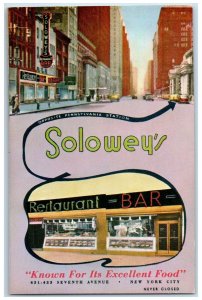 Solowey's Restaurant Bar Food Liquor New Yort City NY Dual View Vintage Postcard