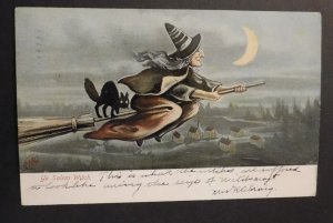 1906 Halloween Postcard Cover Witch Riding Broom in Night Salem MA to Maine