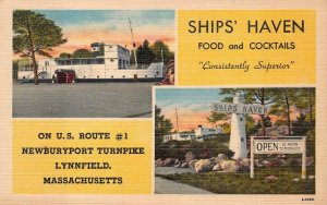 SHIPS' HAVEN RESTAURANT LYNNFIELD MASSACHUSETTS LIGHTHOUSE AD POSTCARD (1940s)