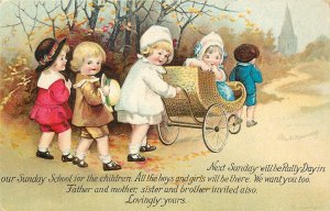 Embossed Rally Day Postcard Clapsaddle Religious Children Going To Sunday School