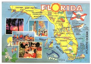 Florida Sunshine State Map Disney World Mickey Minnie Space Center Postcard