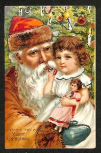 Merry Christmas Brown Robed Santa Claus Young Girl Doll Postcard