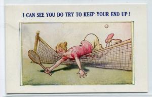 Try To Keep Your End Up Tennis Net Courts Match Romance Couple postcard