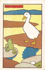 Good Morning Duck and Frog Meeting on Pond Art vintage postcard B921