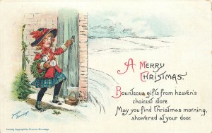 Embossed Christmas Postcard S/A Frances Brundage Girl with Wreath Ser. 219 (4)