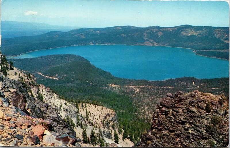 Paulina Lake From Peak Newberry Crater Central Oregon Postcard PM Bend OR Cancel 