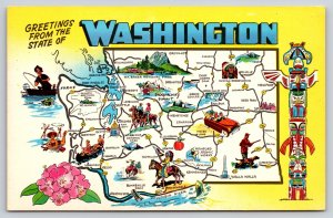 Greetings From The State Of Washington~Pictorial Map~Seattle~Ellensburg~Postcard