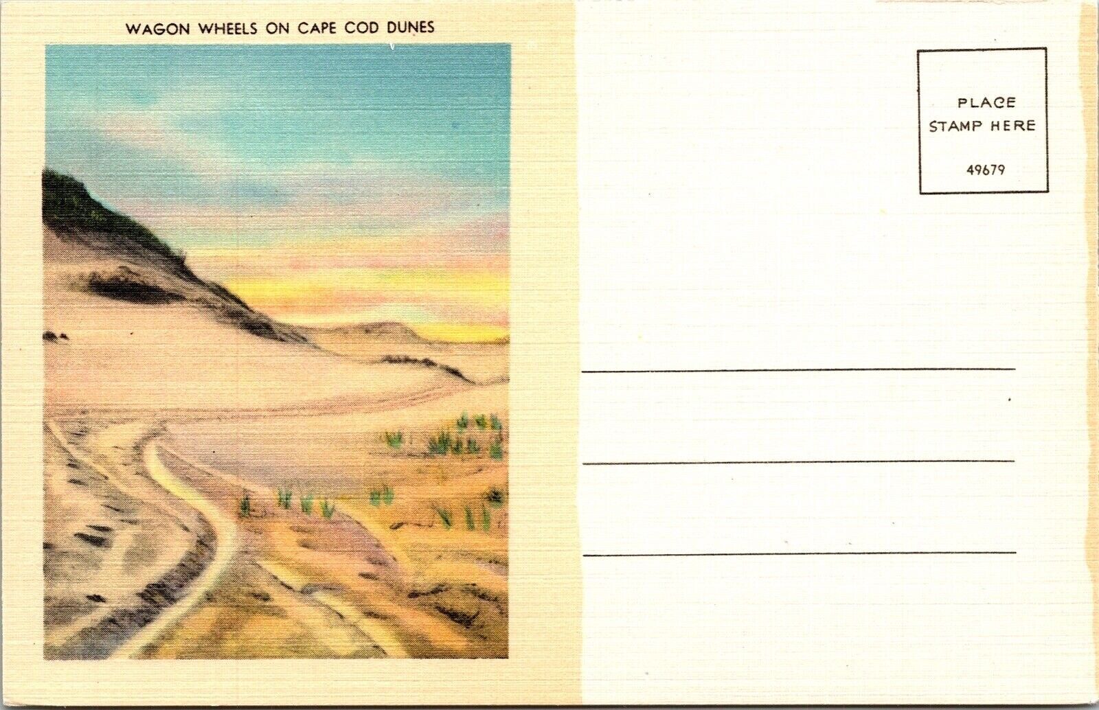 Wagon Wheels Cape Cod Dunes Linen Postcard Address Opposite Side VTG