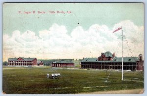 1910s FORT LOGAN H ROOTS LITTLE ROCK ARKANSAS HORSE WAGON AMERICAN FLAG POSTCARD