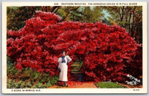 Vtg Mobile Alabama AL Southern Beauties Woman & Azalea In Full Bloom Postcard
