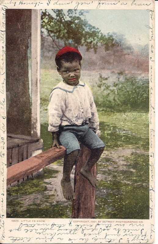 BLACK AMERICANA, Young Boy w Red Hat Sitting on Fence, 1901 Postmark Phostint
