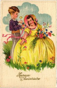 CPA AK Boy and Girl Picking Flowers - Artist Signed CHILDREN (1292871)