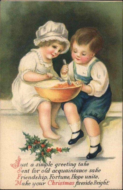 Christmas Children Boy & Girl Bowl of Food Ellen Clapsaddle Postcard c1915