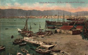 Vintage Postcard 1910's Saluti Da Palermo Il Purto Con Veduta Dela Citta