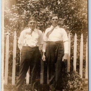 c1910s Two Handsome Short Gentlemen RPPC Men Outdoors in Suspenders Photo A174