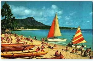 Hawaii Waikiki Beach Outrigger Catamaran Colorful Sails Blue Ocean Postcard