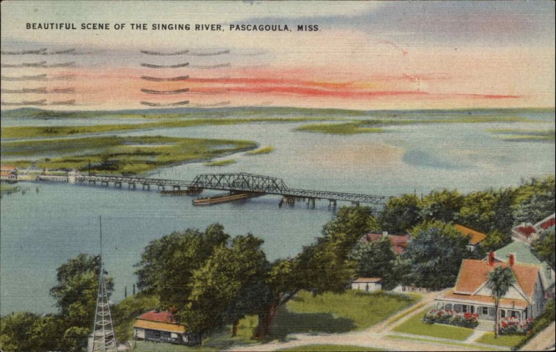 Pascagoula Mississippi MS Singing River Air View Linen Vintage Postcard