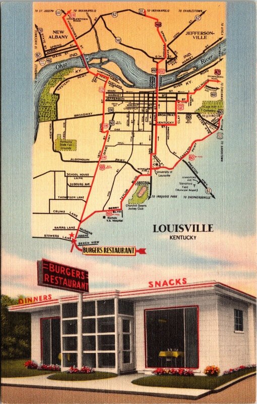Postcard Kentucky Shively Burger's Restaurant & Location Map LINEN 1953 V35