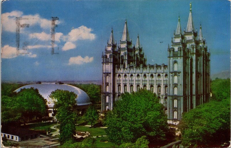 Temple Square Aerial View Salt Lake City Utah Chrome Cancel WOB Postcard 