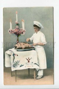 423570 CHRISTMAS Young COOK & PIG tablecloth Vintage postcard