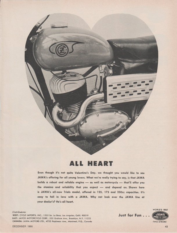 1966 Print Ad Jawa Motorcycle Engine, Heart Shaped,  All Heart 8 1/2 x 11 Inches