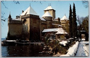 Lake Geneva Switzerland 1950s Postcard Chateau Castle Chillon Snow