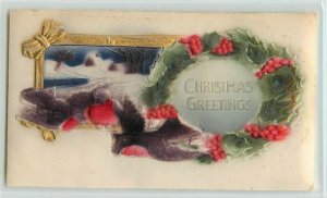 1910 Christmas Postcard Embossed Velveteen Applique Robins, Wreath, Germany