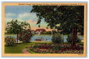 c1940's Beautiful Colonial Lake Showing Baker Sanitorium Charleston SC Postcard