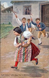 1910s Vesele Velikonoce! Happy Easter Czech Children Playing Postcard