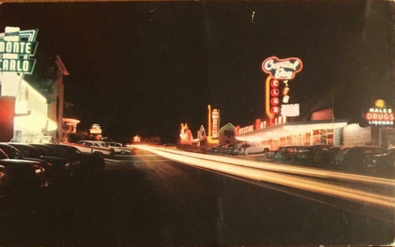 Lake Tahoe CRYSTAL BAY NV Neon Signs Night View Roadside c1950s Vintage Postcard