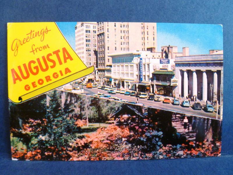 Postcard GA Augusta Dual View Broad Street Old Cars