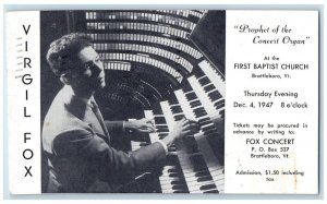 1947 Virgil Fox Prophet Concert Organ First Baptist Church Brattleboro Postcard