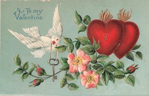 c1910 Dove Bird Key Hearts Lock Valentines Day Germany P448 