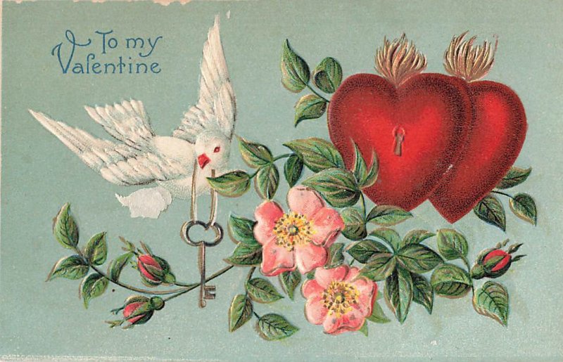 c1910 Dove Bird Key Hearts Lock Valentines Day Germany P448 