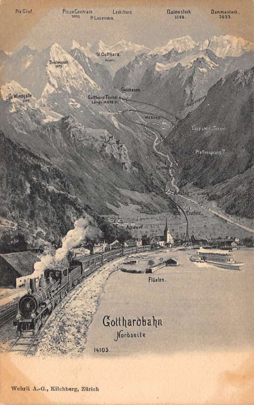 Fluelen Switzerland Gotthardbahn Railroad and Mountains Vintage Postcard AA68626