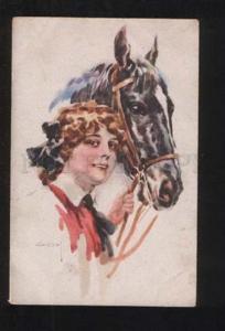 3076213 Glamour Lady w/ HORSE by USABAL vintage color PC