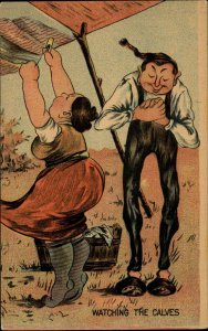 Comic Man Ogles Woman's Legs While Hanging Laundry c1910 Vintage Postcard