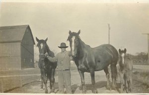 c1910 RPPC Postcard; Man & Draft Horse Mare with her Colt & Foal, Unknown US