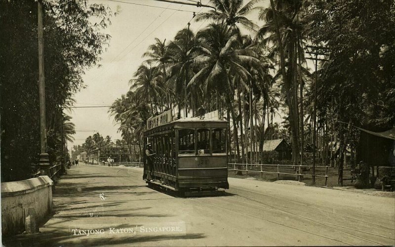 singapore, Tanjong Katon, Tram Street Car (1910s) RPPC Postcard