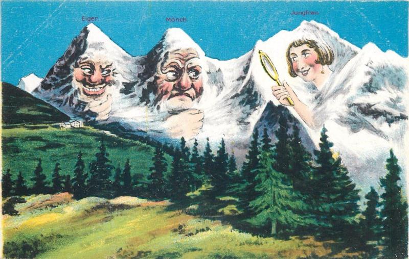 Comic humanized mountains peaks Switzerland caricatures Eiger Monch & Jungfrau