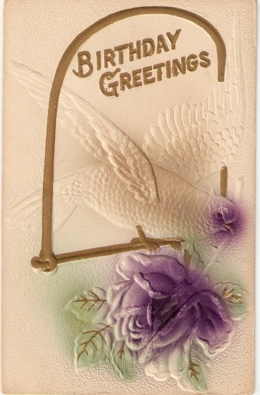 Dove carrying a rose Vintage German Birthday Greetings  Postcard. Embossed