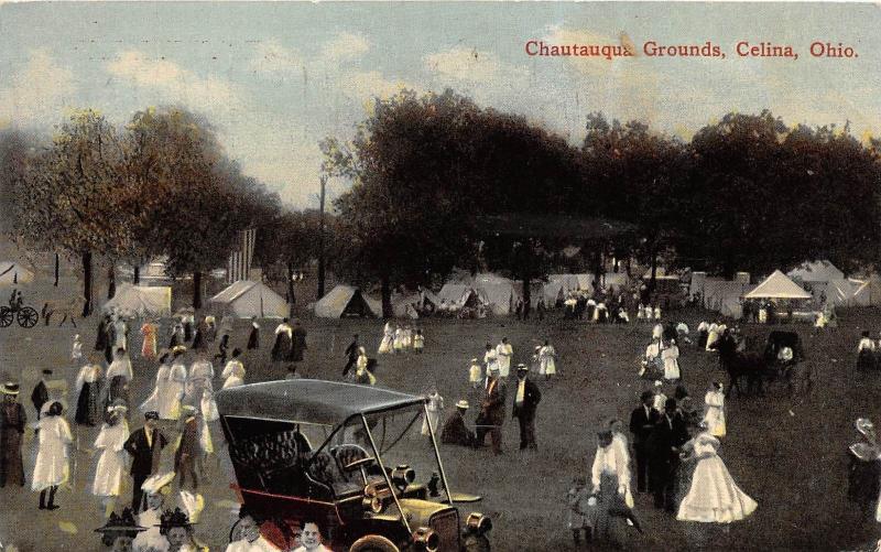 E42/ Celina Ohio Postcard c1912 Chautauqua Grounds Crowd Tents Autos