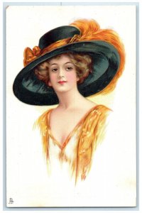 c1910's Pretty Woman Curly Hair Big Hat Feather Tuck's Unposted Antique Postcard