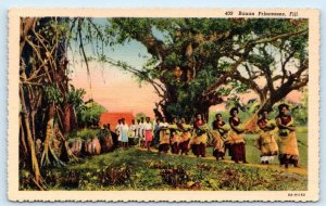 FIJI ~ Line of Women BAUAN PRINCESSES ca 1930s Linen Postcard