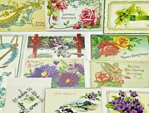 Vintage Postcard Lot (12) Early 1900s Birthday Wishes Floral Roses Embossed