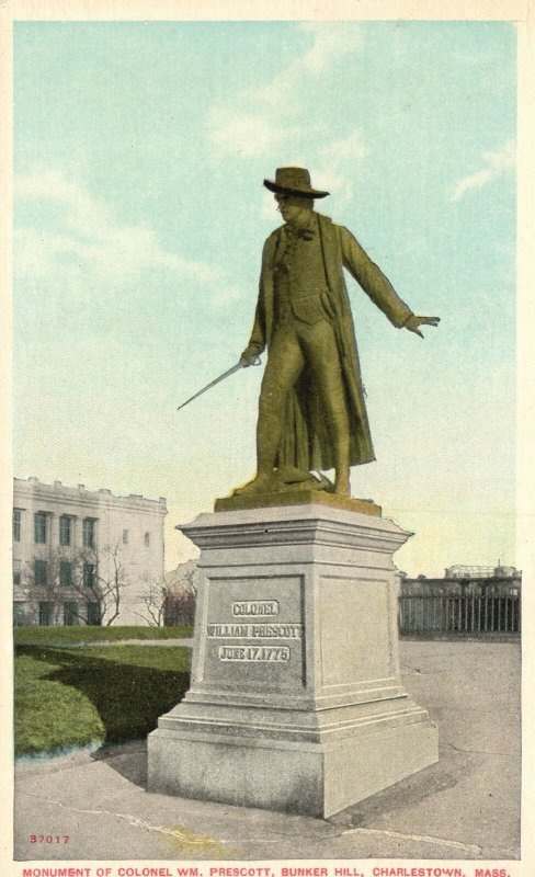 Vintage Postcard Colonel Wm. Monument Prescott Bunker Hill Charleston Mass. MA