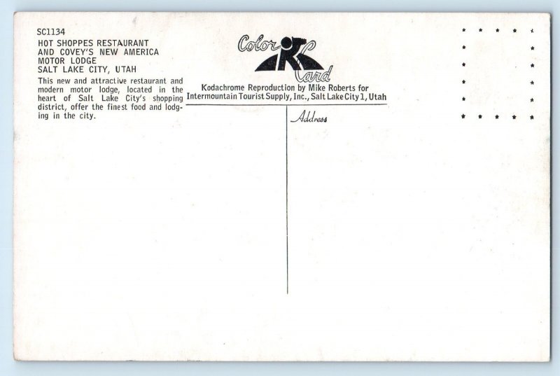 c1960 Salt Lake City Utah UT Postcard Hot Shoppes Restaurant Covey's Motor Lodge